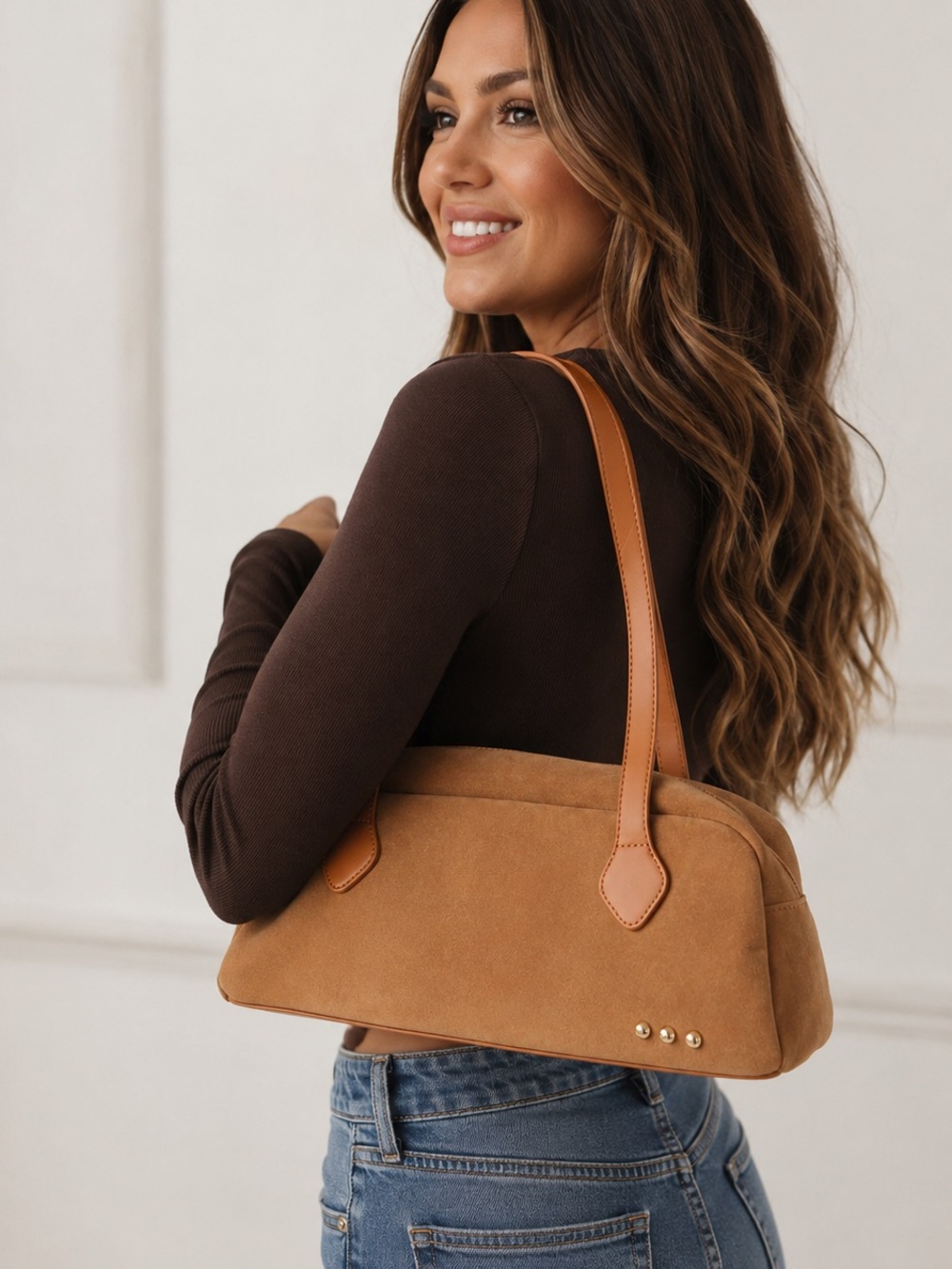 Pretty Simple Sally Vegan Suede Barrel Shoulder Bag High Quality Camel